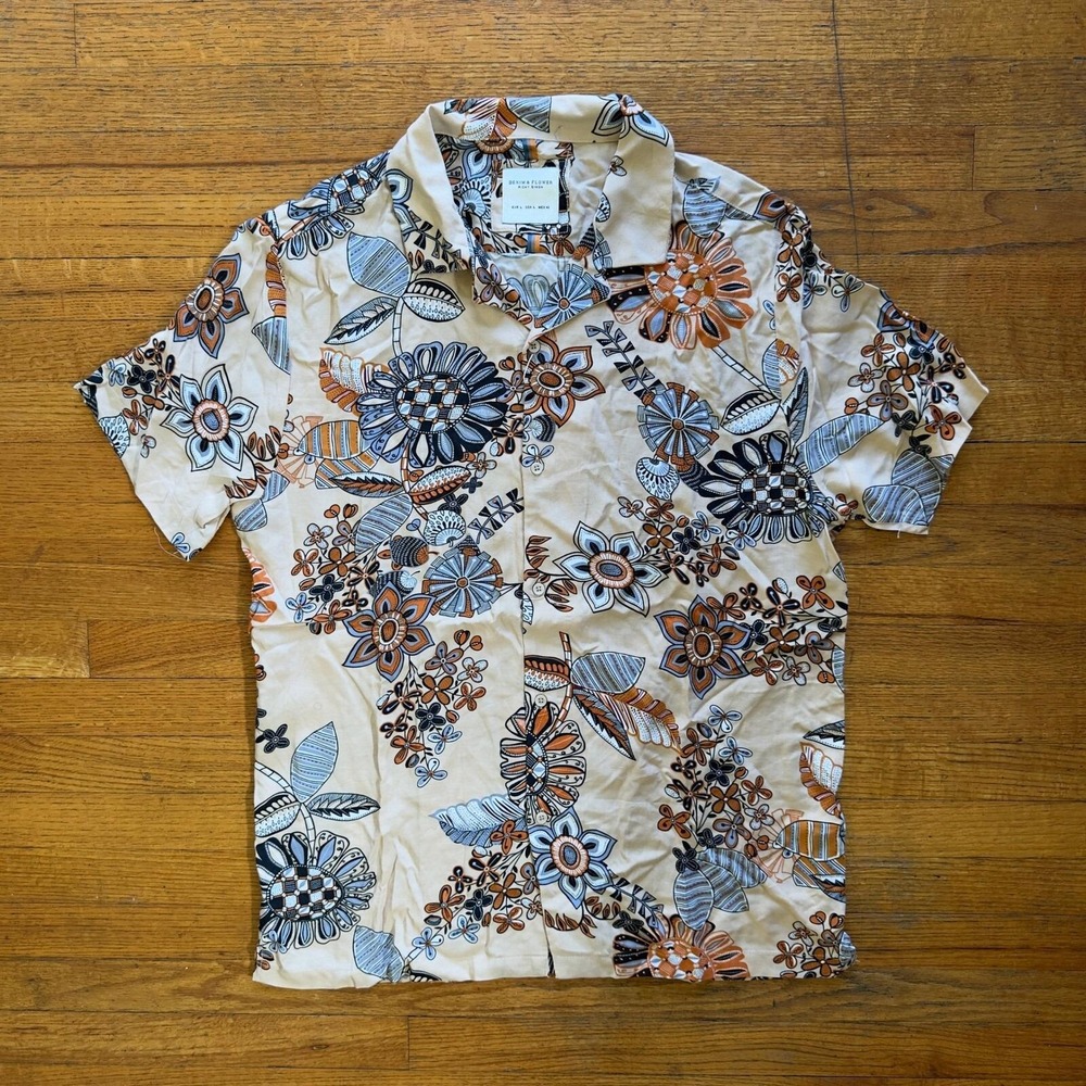 New Denim & Flower Ricky Singh Floral Print Camp Shirt Short Sleeve Mens Large‎